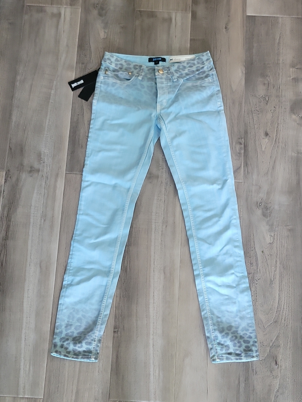 Just Cavalli Designer Light Blue Skinny Jeans with Subtle Leopard Fade